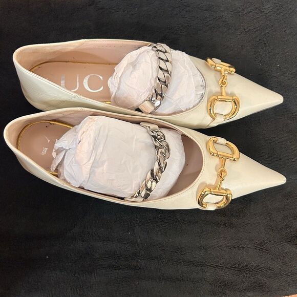 Gucci Deva Horsebit Chain Pointed Toe Flats White Leather Sz 36 US 6 Box - Picture 3 of 10